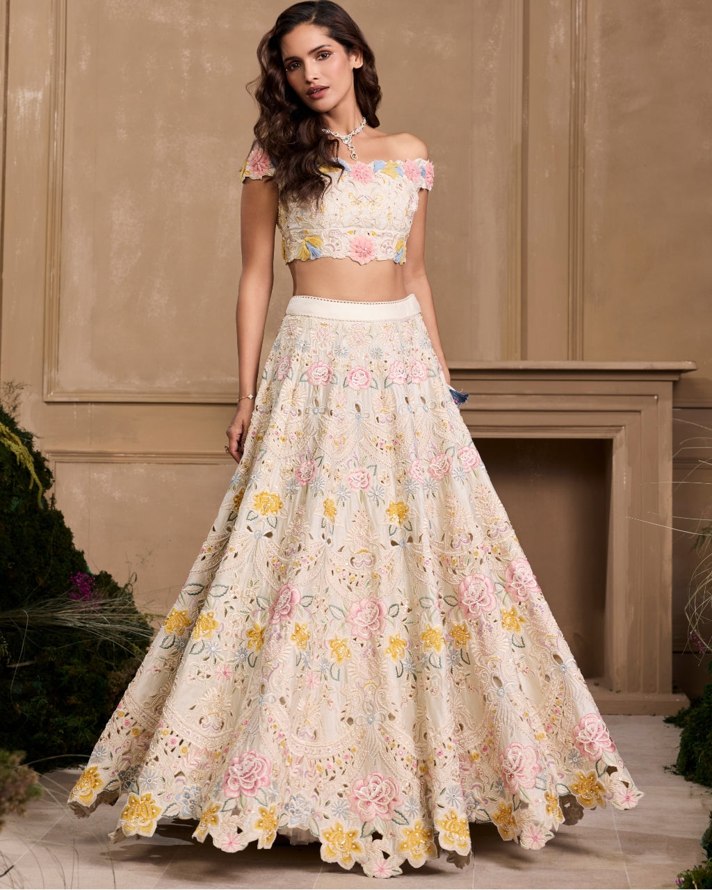 Ivory Pastel 3D Floral Lehenga Set