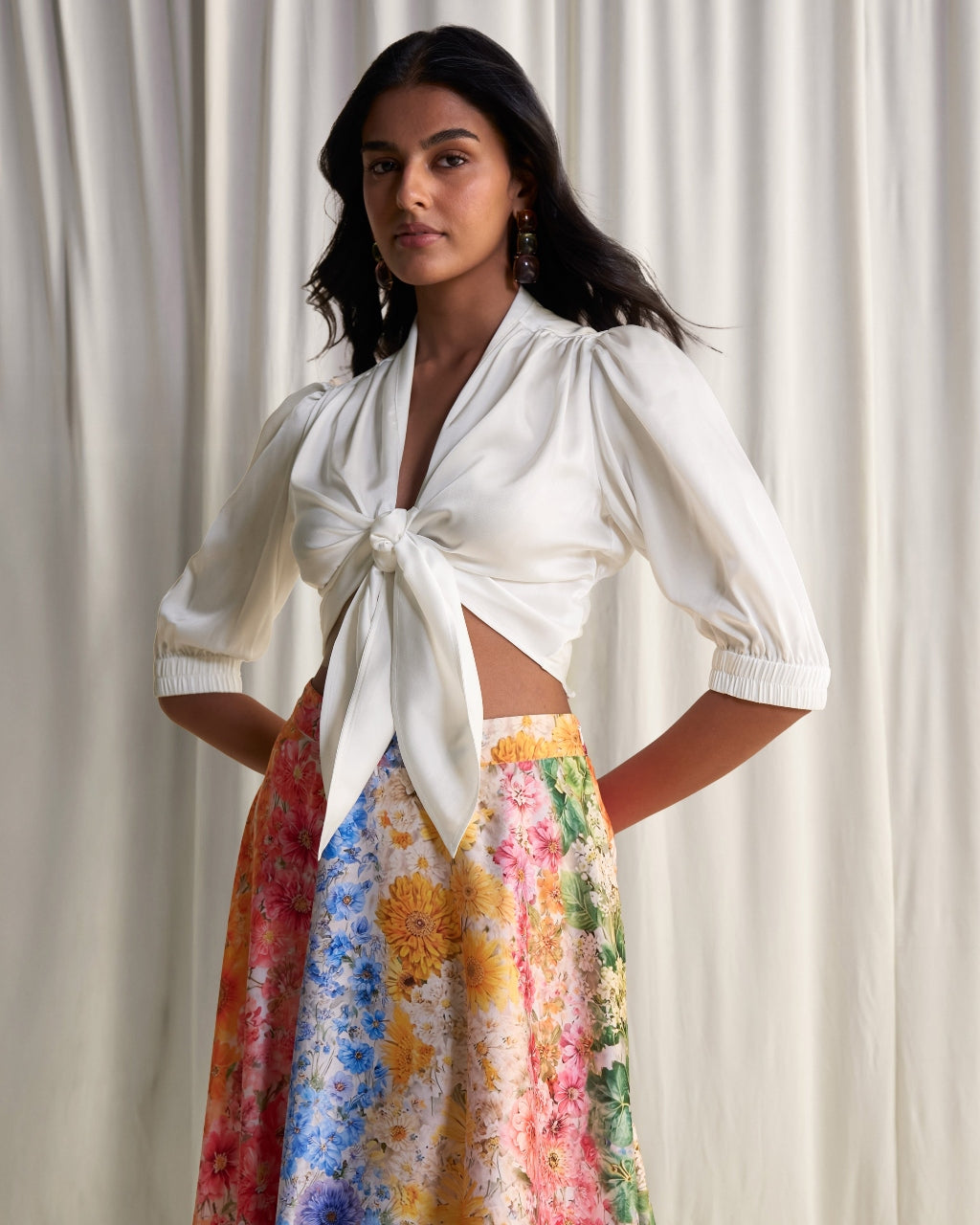 Front-Tie Top & Multi-Floral Maxi Skirt