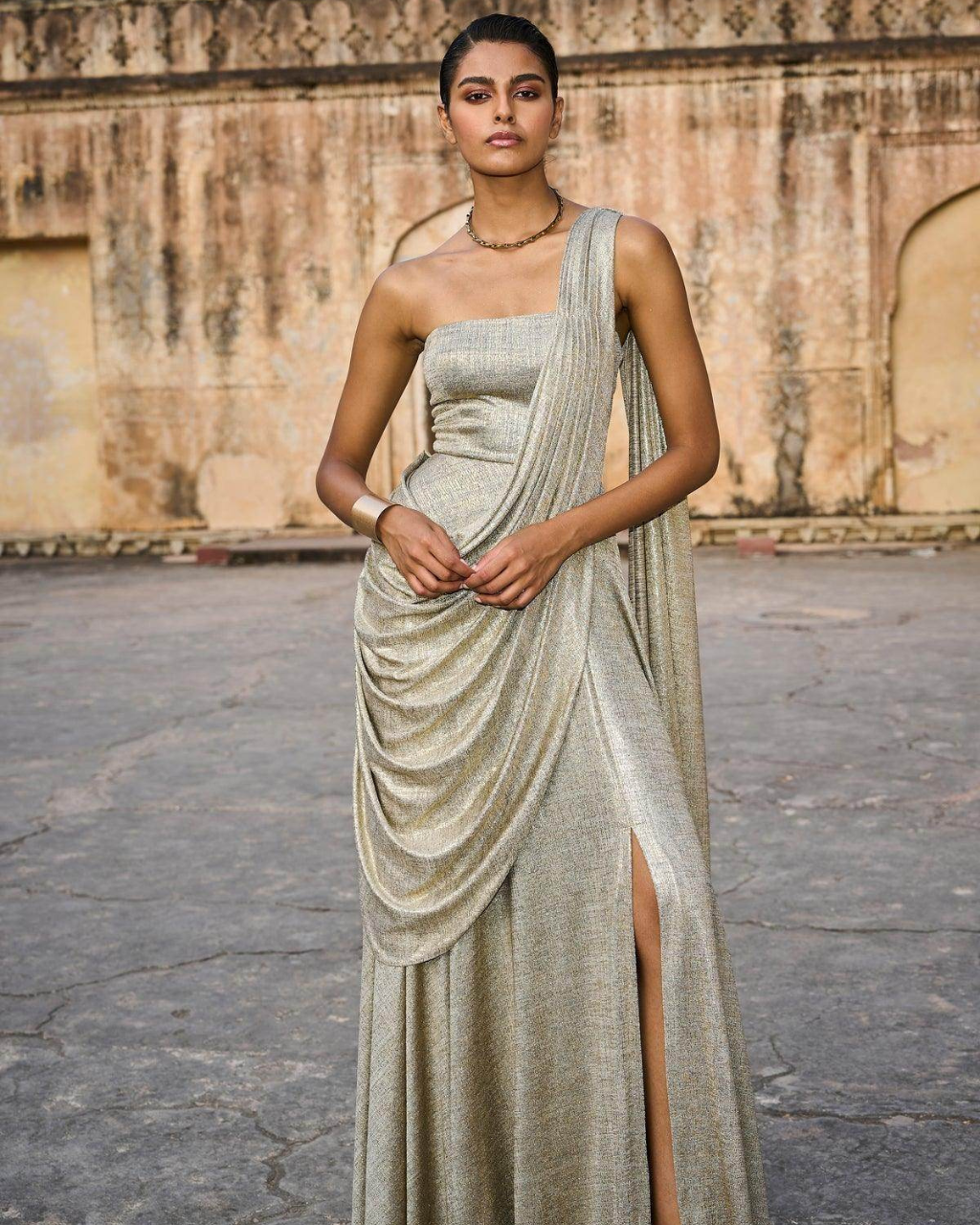 Gold Draped Sari Gown I Dash & Dot S