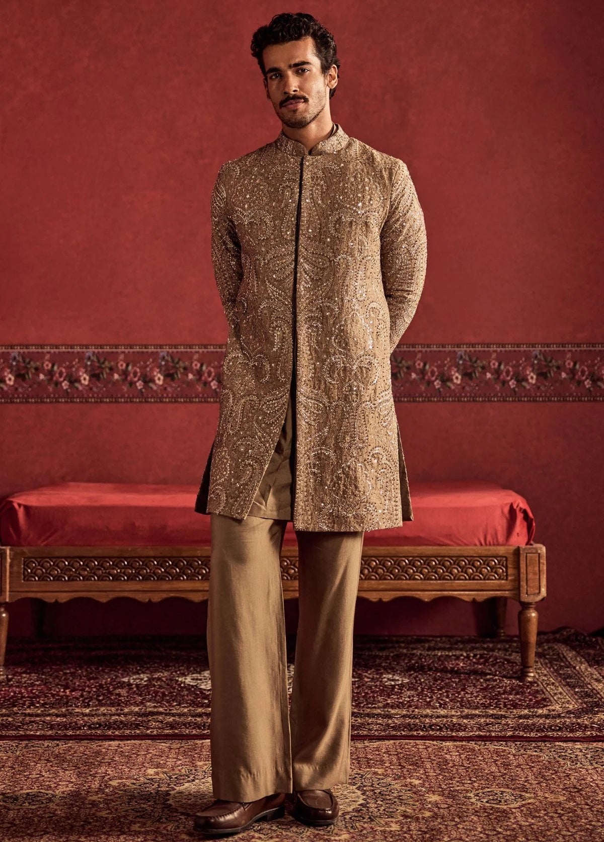 Stone Grey Chanderi Allover Embroidered Sherwani Set