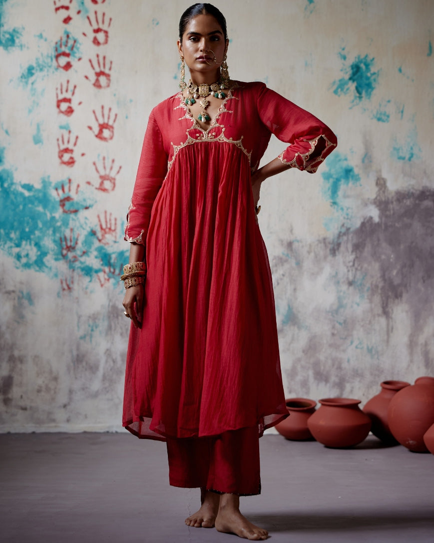 Red Gather Kurta Set