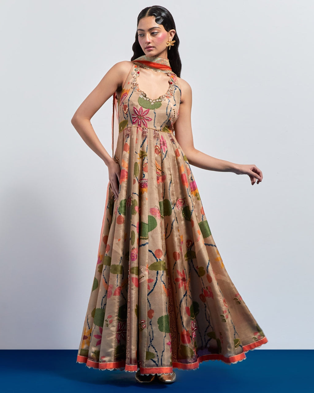 Beige Floral Anarkali Set