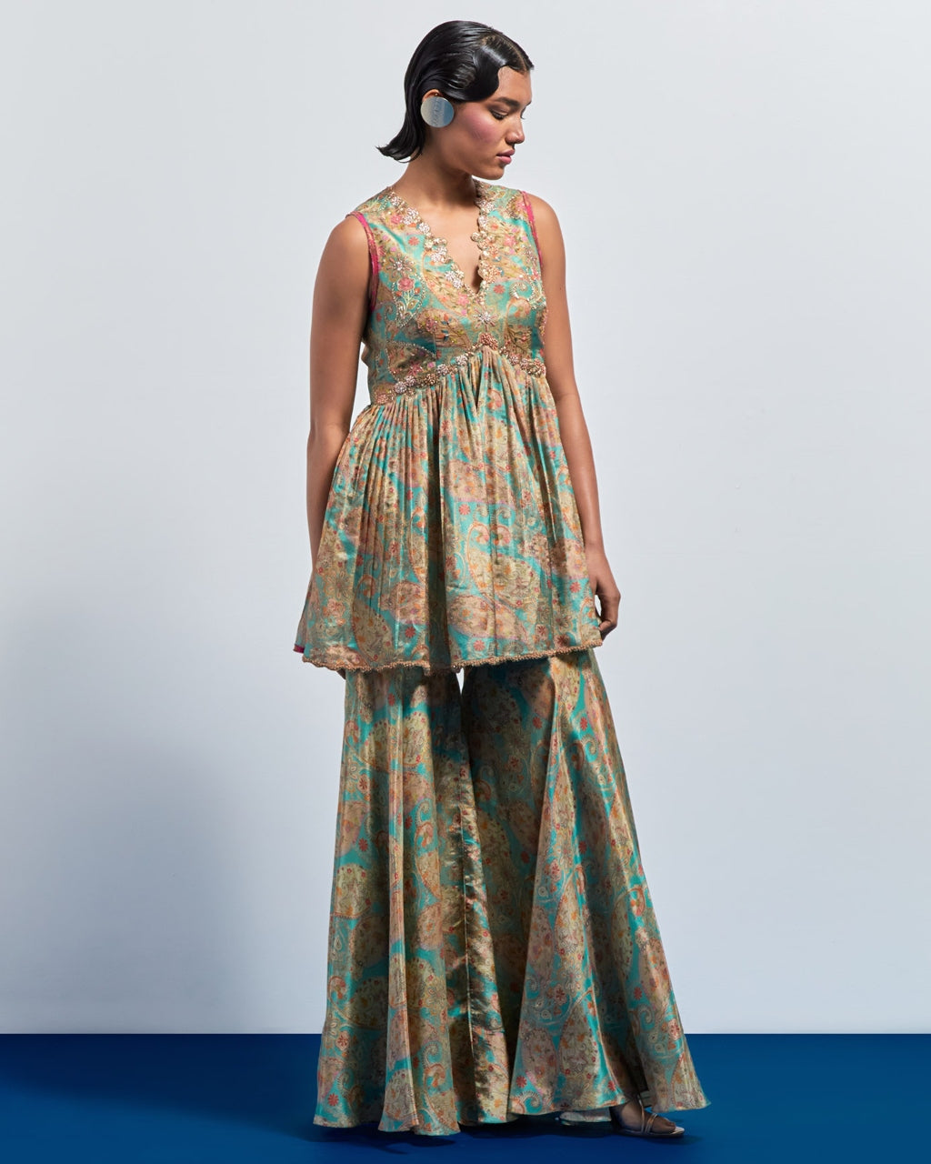 Sage Green Embroidered Peplum Sharara Set