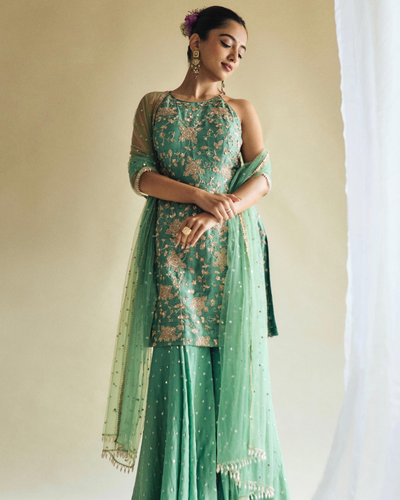 Green Mehek Palazzo Sharara Set