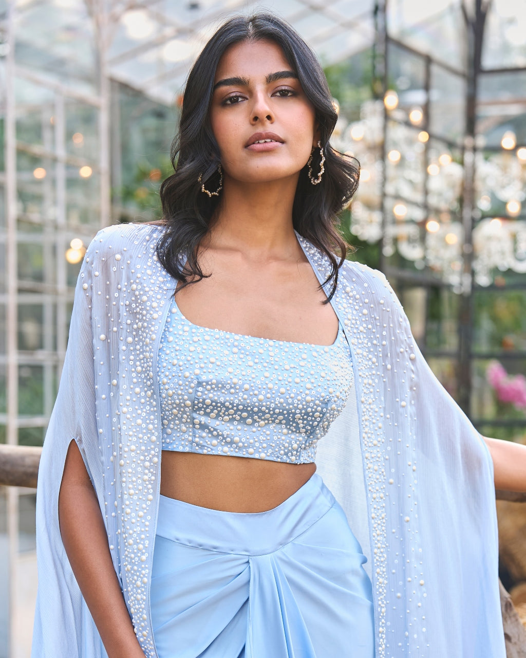 Degrade Pearl Embellished Cape & Bralette With Draped Satin Skirt