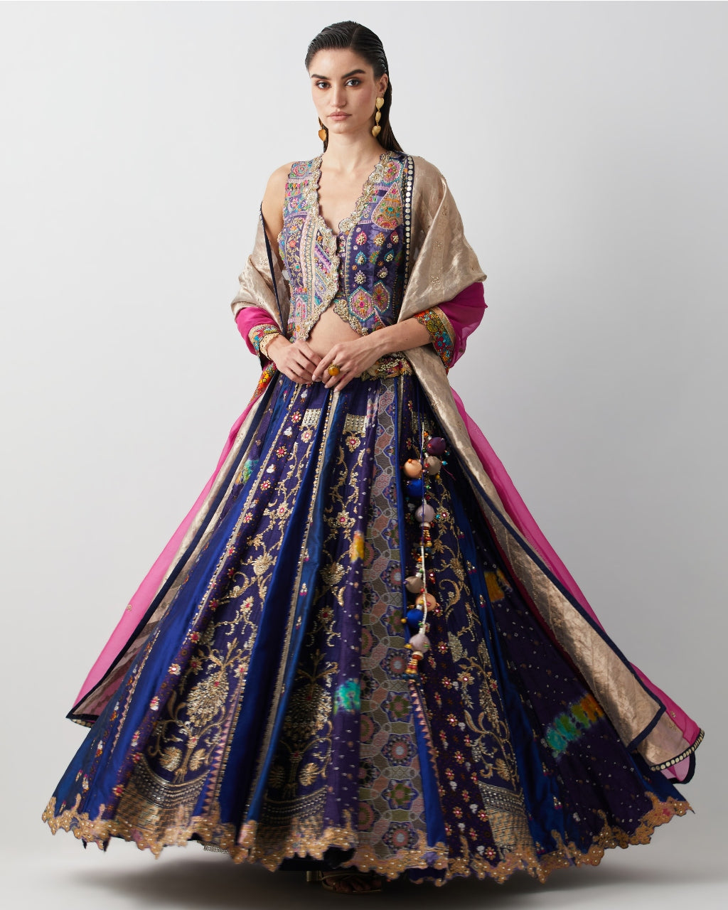 Royal Blue Silk & Brocade Lehenga Set With Corset And Organza Dupatta