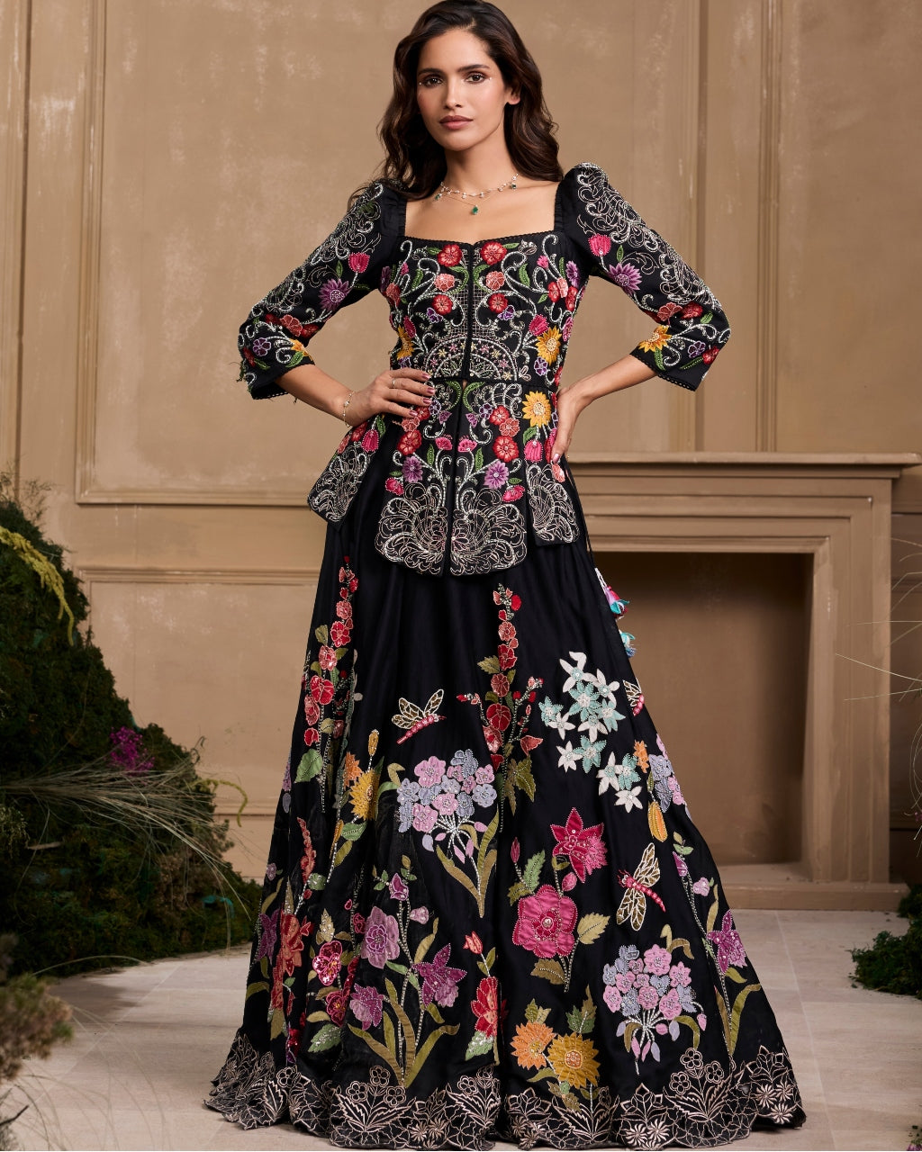 Black Floral Embroidered Panelled Lehenga Set