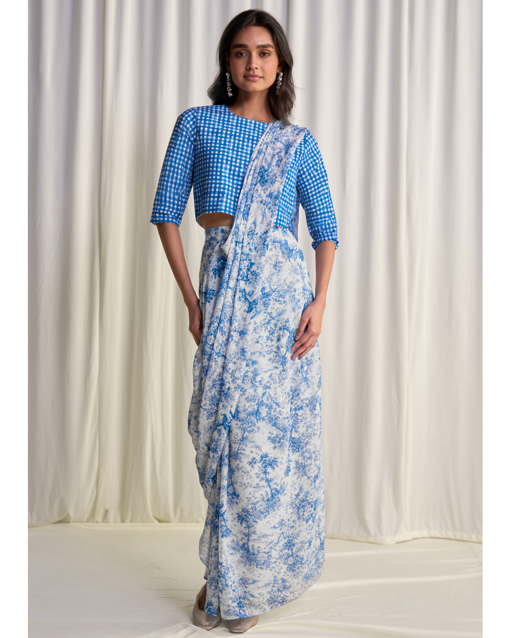 Linen Madras Check Print Top & Toile Print Sari Drape Skirt