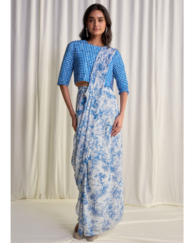 Linen Madras Check Print Top & Toile Print Sari Drape Skirt