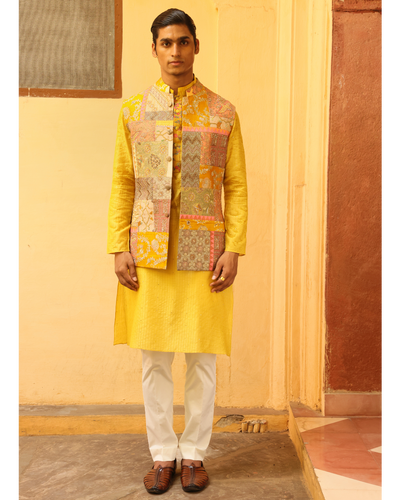 Mustard Kurta Set With Textured Jacket