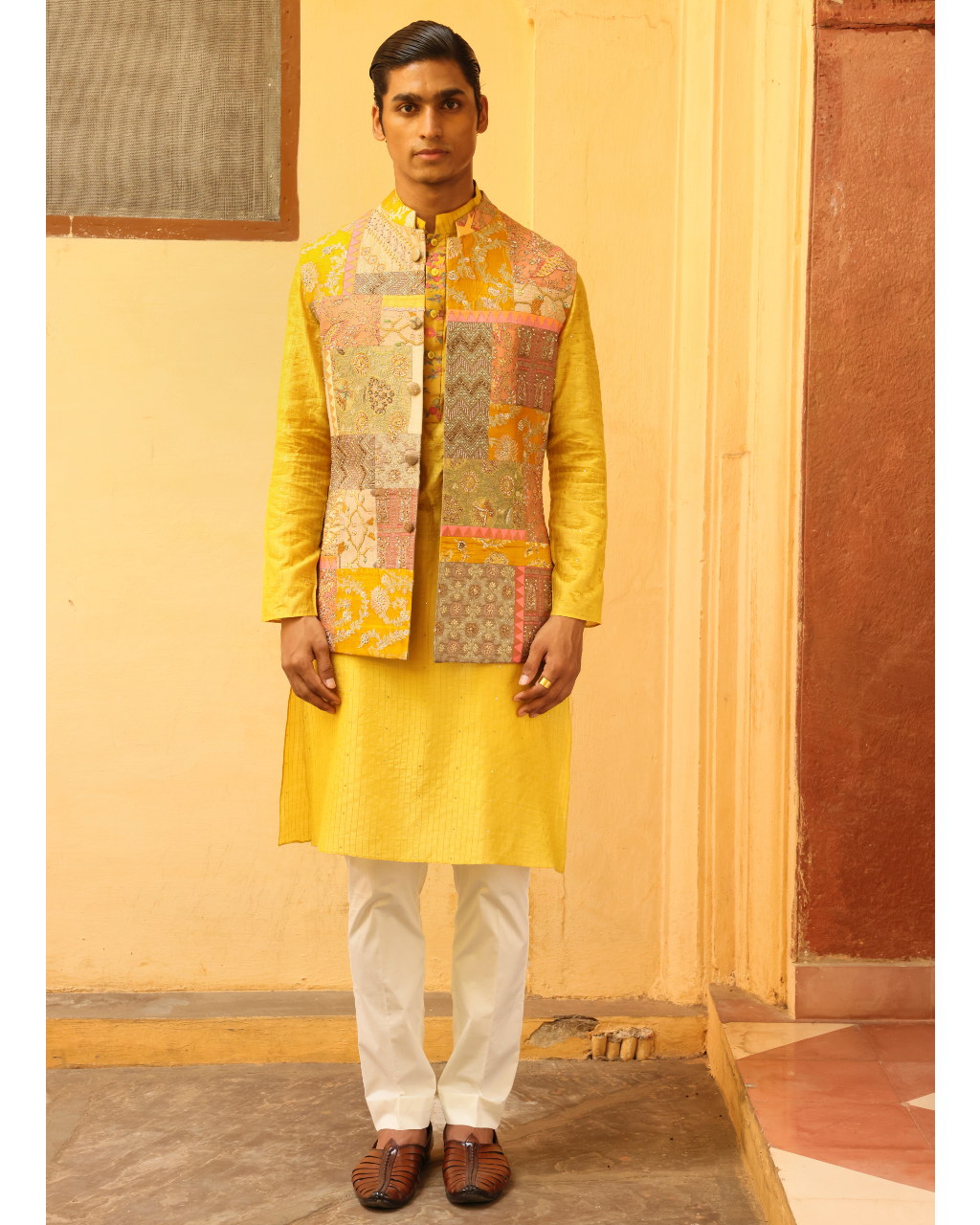 Mustard Kurta Set With Textured Jacket