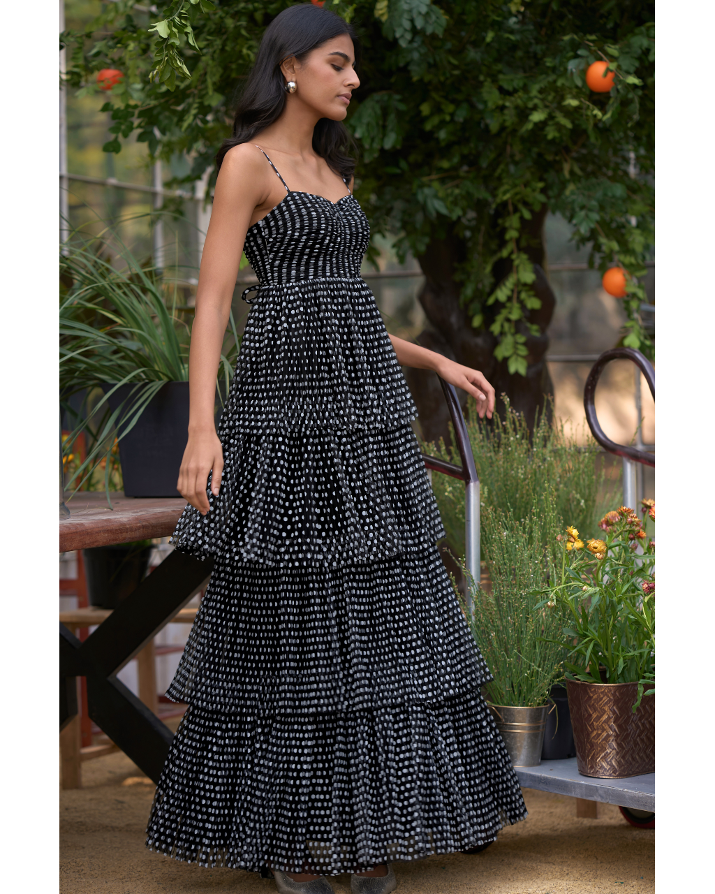 Pleated Polka Dot Tiered Maxi