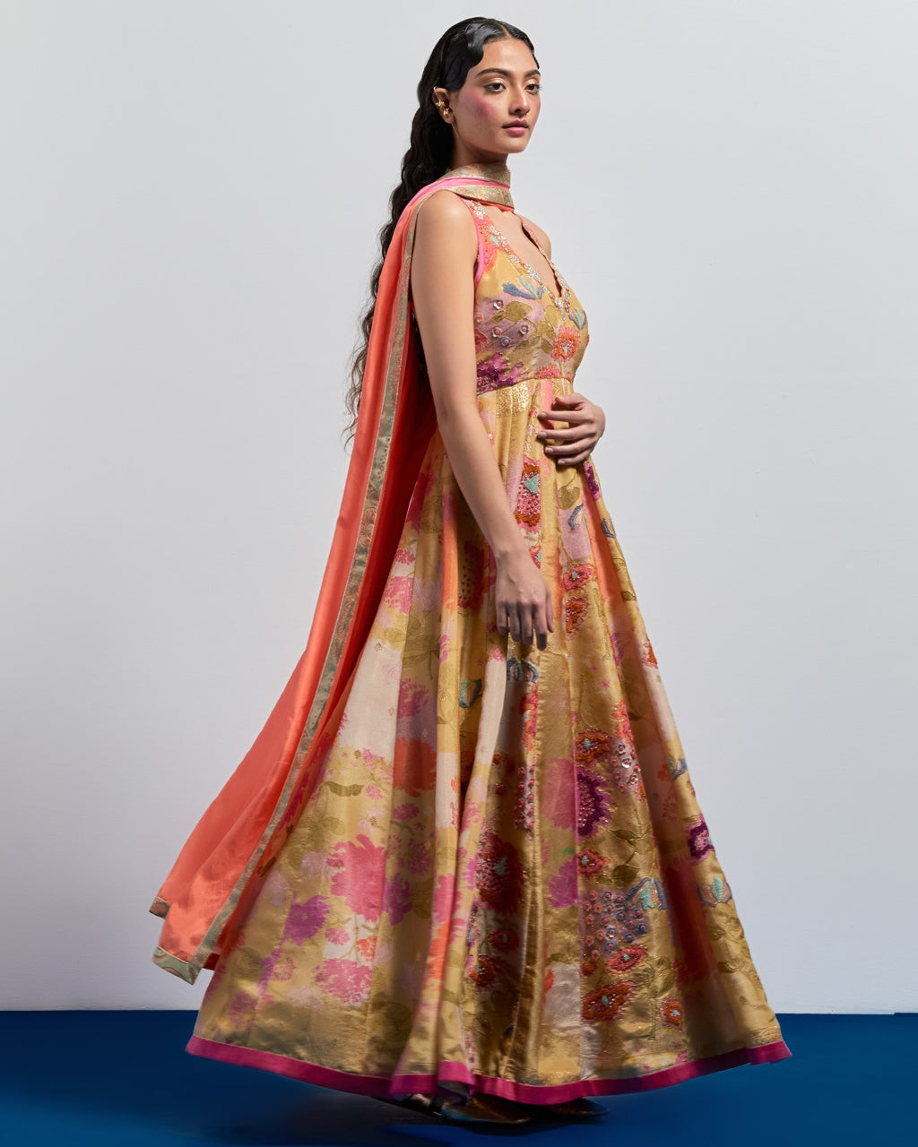 Beige Yellow Floral Embroidered Anarkali Set