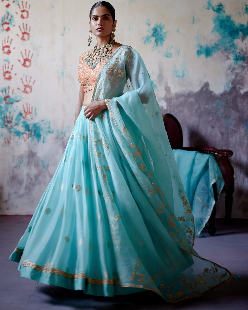 Powder Blue Brocade Lehenga Set