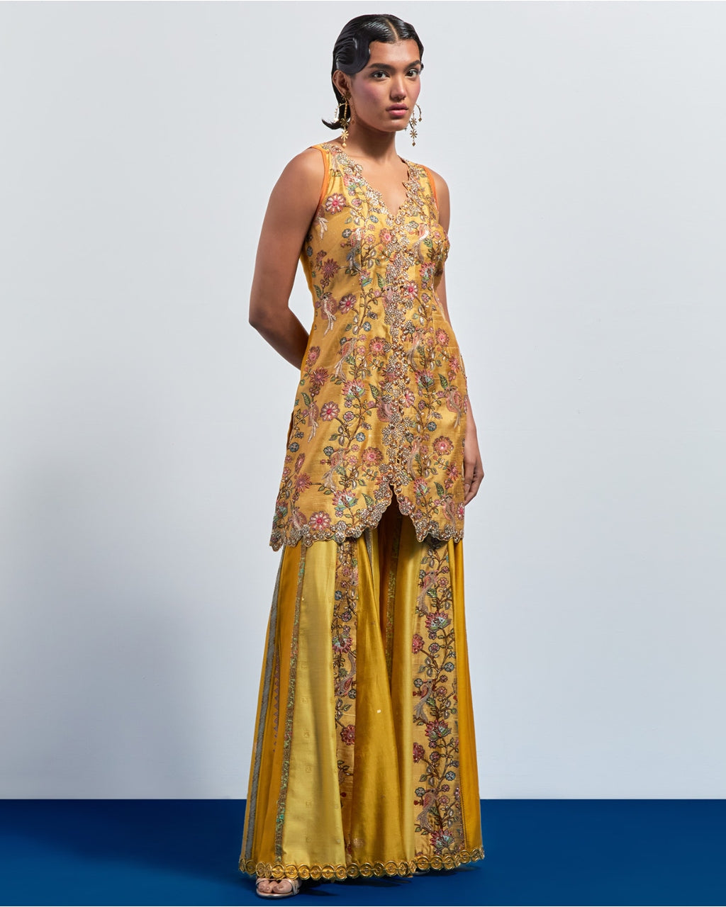 Mustard Yellow Embroidered Peplum Sharara Set