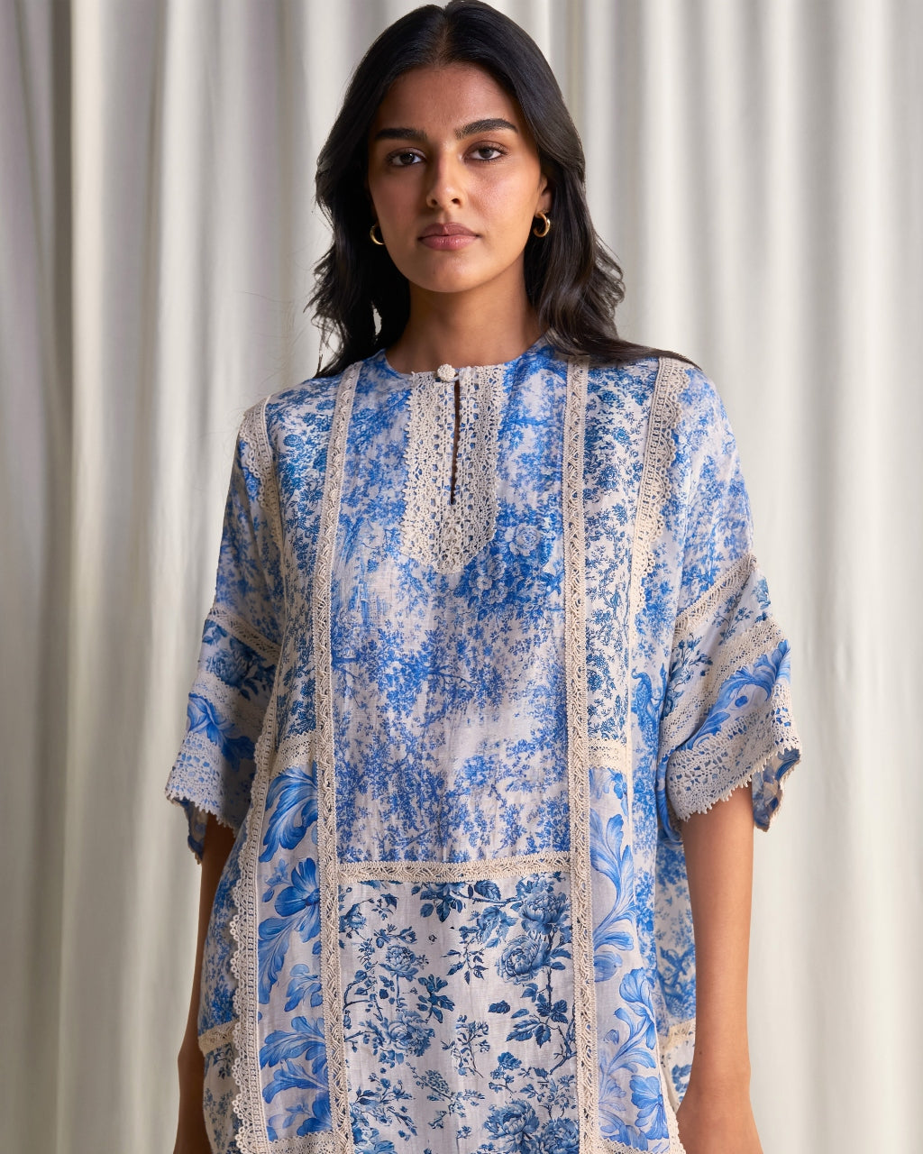 Silk-Linen Porcelain Print Patchwork Dress