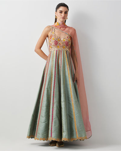 Aqua Silk Hand Embroidered Anarkali Set With Organza Dupatta