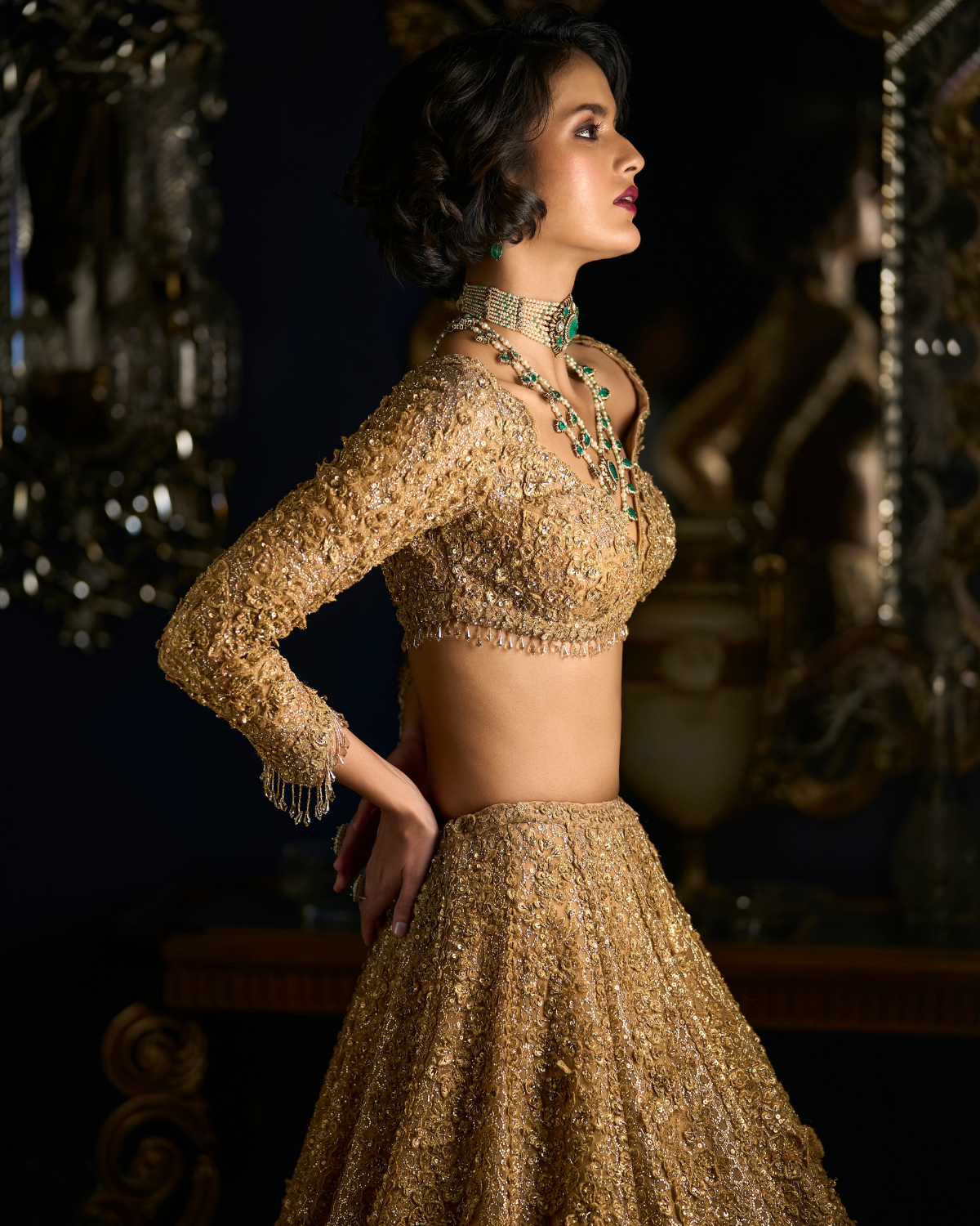 Gold Three-Dimensional Lehenga Set