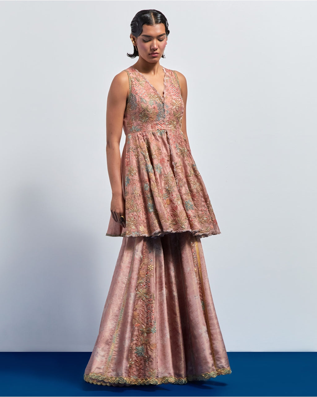Pink Embroidered Peplum Sharara Set