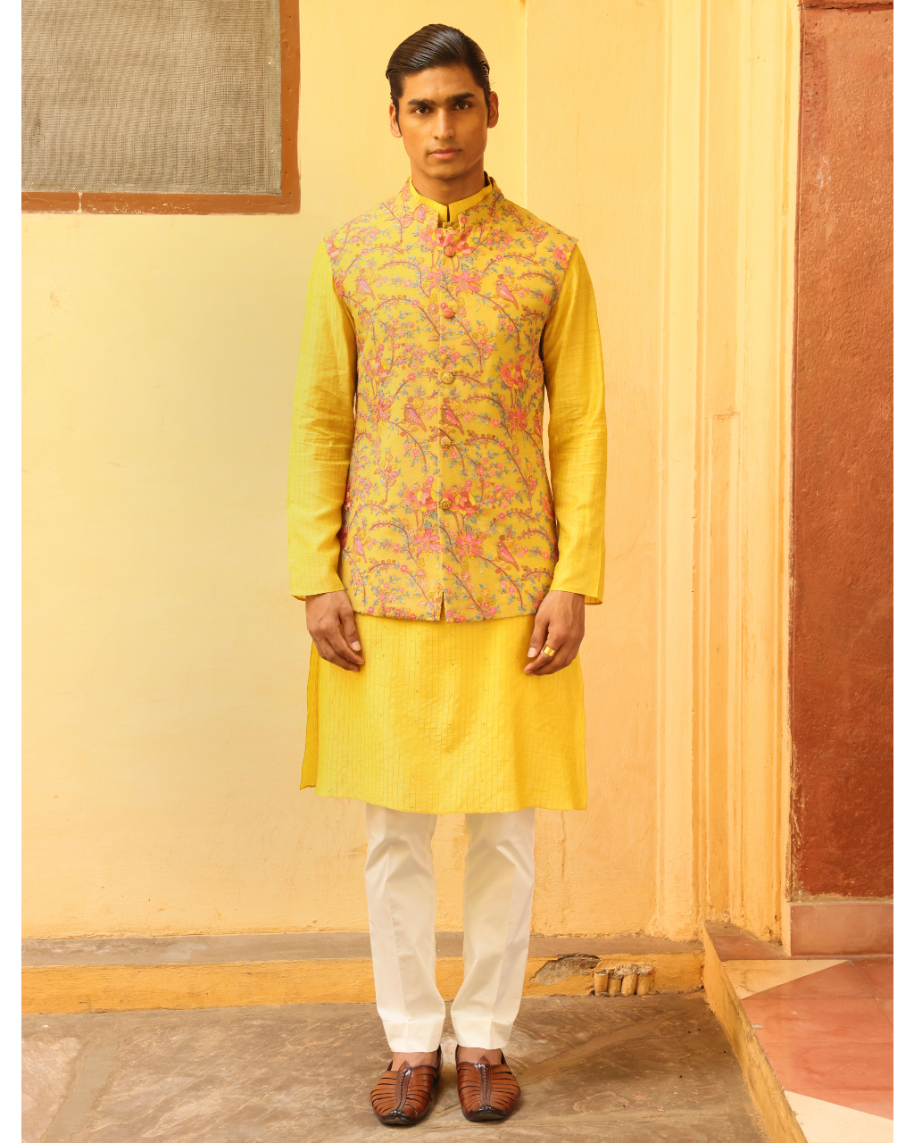 Sunshine Yellow Silk Brocade Jaal Bandi Set