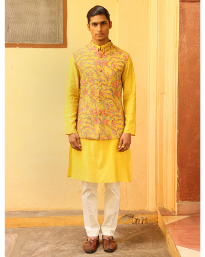Sunshine Yellow Silk Brocade Jaal Bandi Set