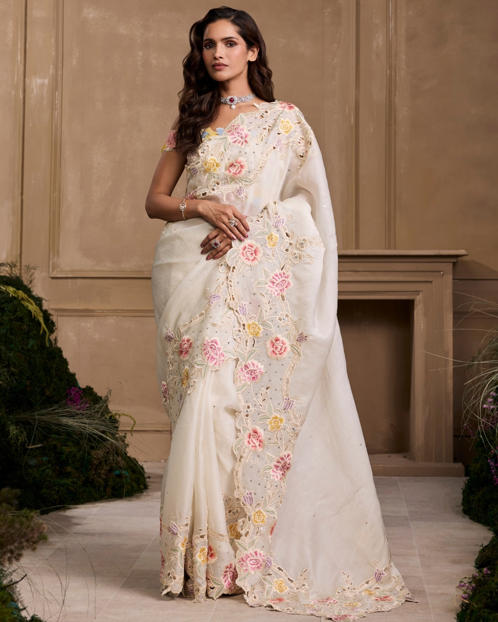 Ivory Pastel Floral Sari