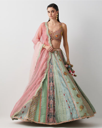 Aqua Silk Hand Embroidered Lehenga Set With Organza Dupatta