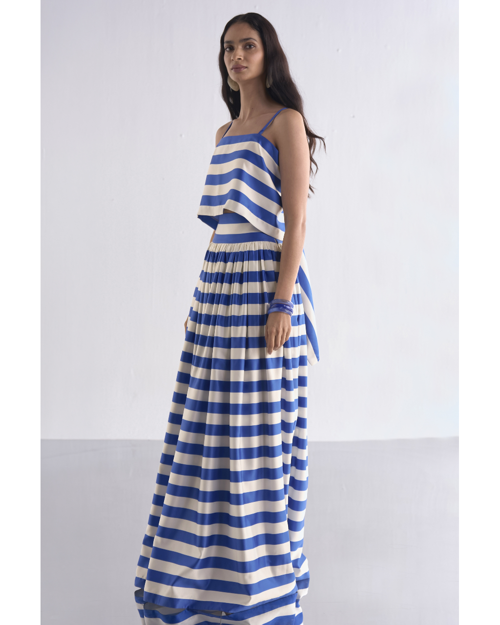 Back Knot Draped Stripe Top & Maxi Skirt Set