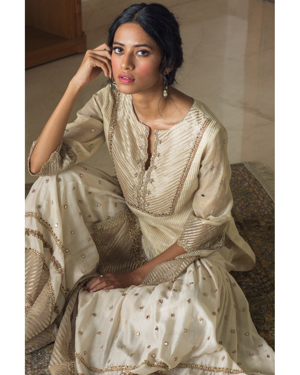 Tissue Chanderi Kurta With Mirror Work Gharara