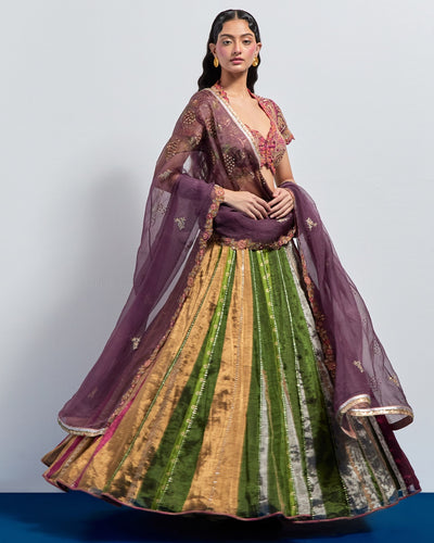 Multicolour Striped Embroidered Lehenga Set