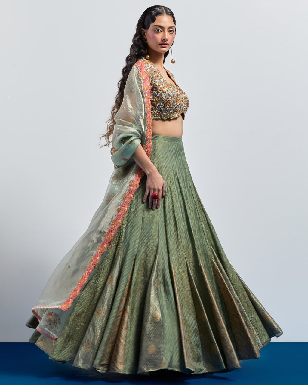 Saga Green Embroidered Lehenga Choli Dupatta Set