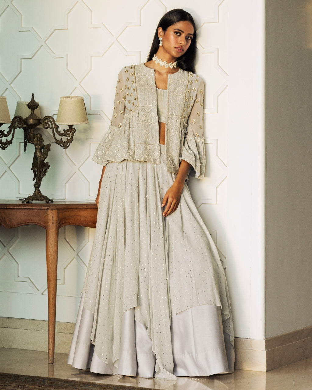 Chikankari Jacket With Layered Lehenga