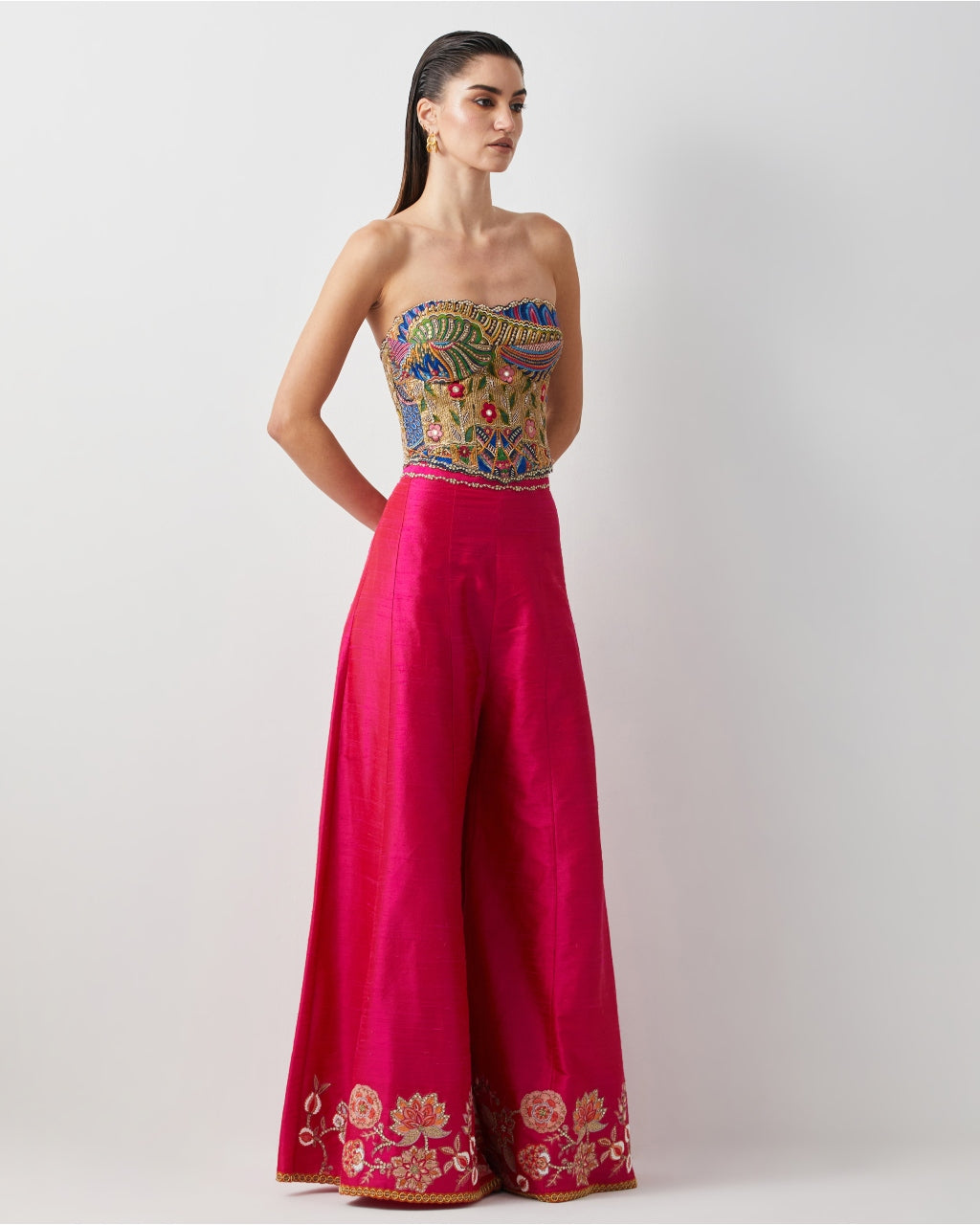 Hot Pink Embroidered Corset Plazzo Set