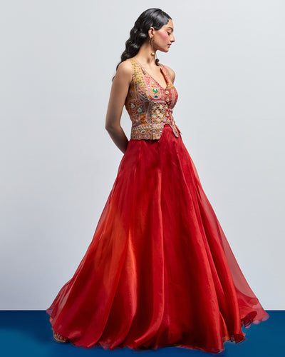 Burnt Orange Embroidered Corset Skirt Set