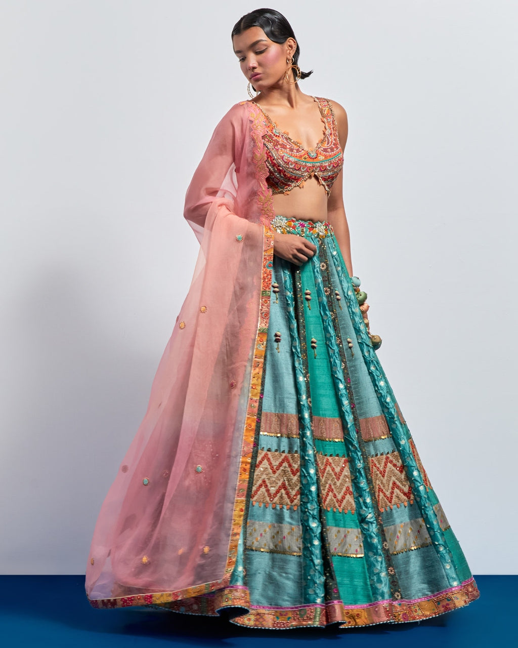 Teal Green Embroidered Lehenga Set