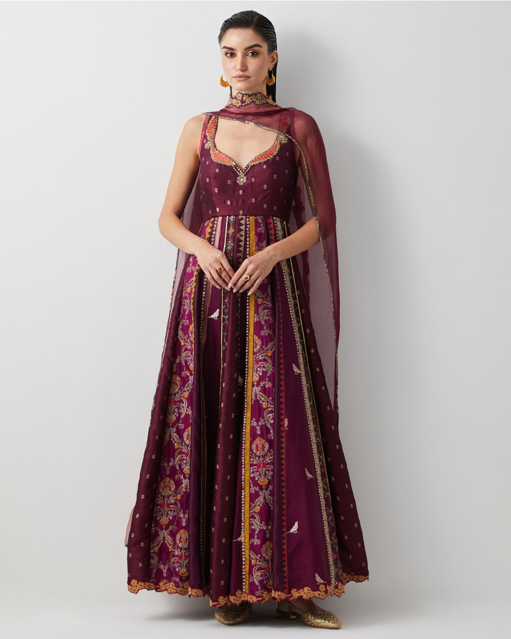 Wine Silk Embroidered Anarkali Set