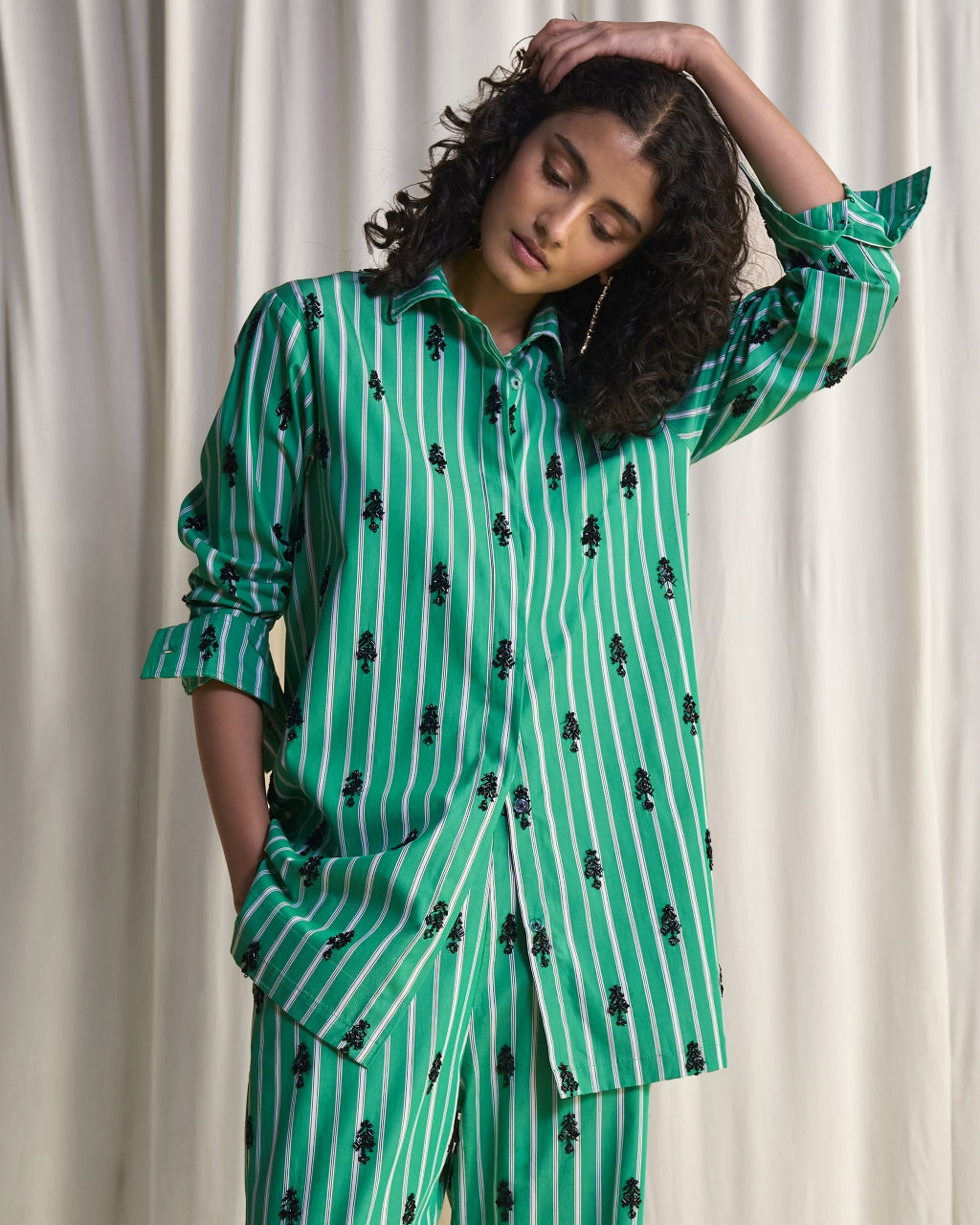 Motif Bead Embroidered Stripe Shirt & Pant Set