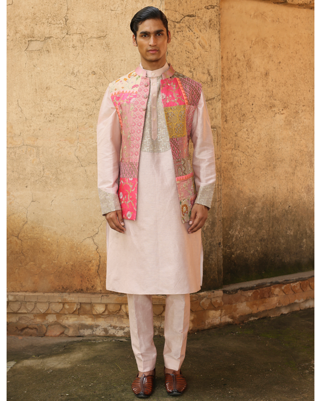 Blush Pink Silk Brocade Patchwork Bandi Set
