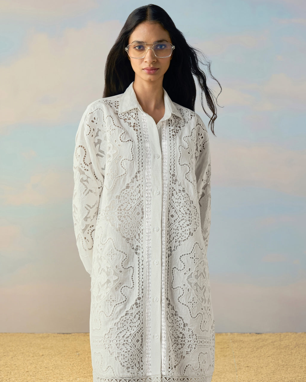 Linen Cutwork & Lace Embroidered Shirt Dress