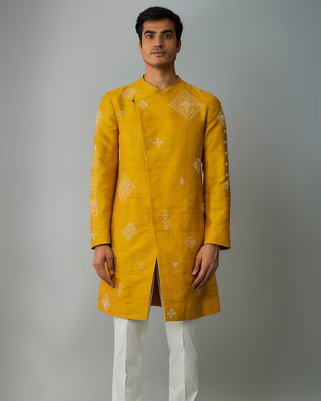 Yellow Rawsilk Overlap Kurta
