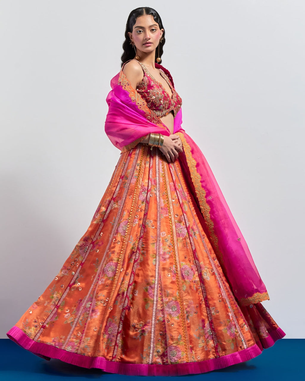 Orange Printed Embroidered Lehenga Dupatta Set
