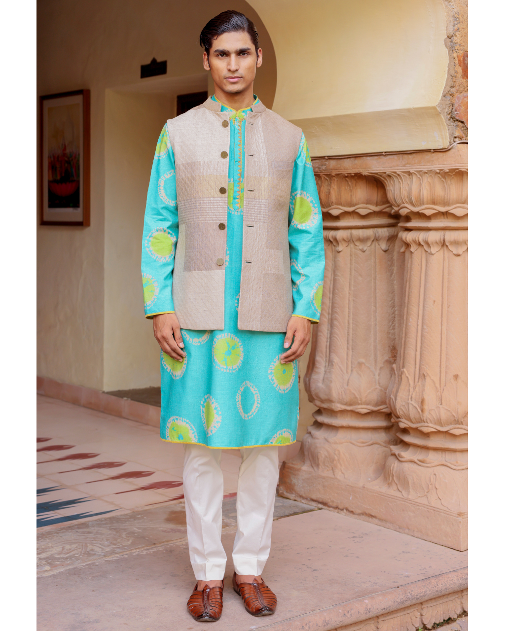 Ferozi Silk Kurta Set With Beige Tissue Jacket