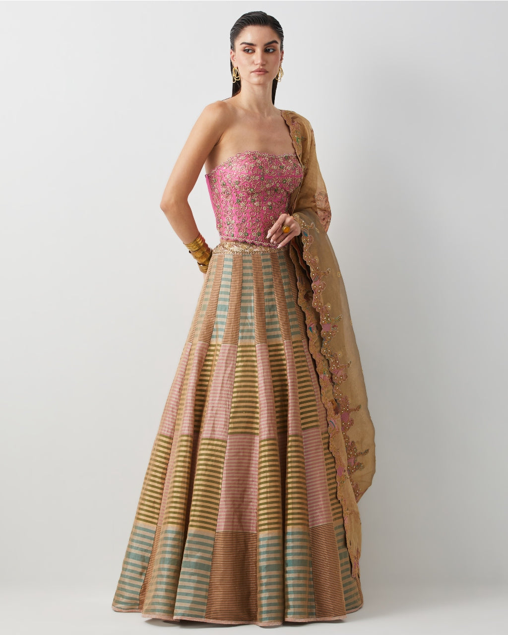Mauve & Gold Embroidered Corset Lehenga Set