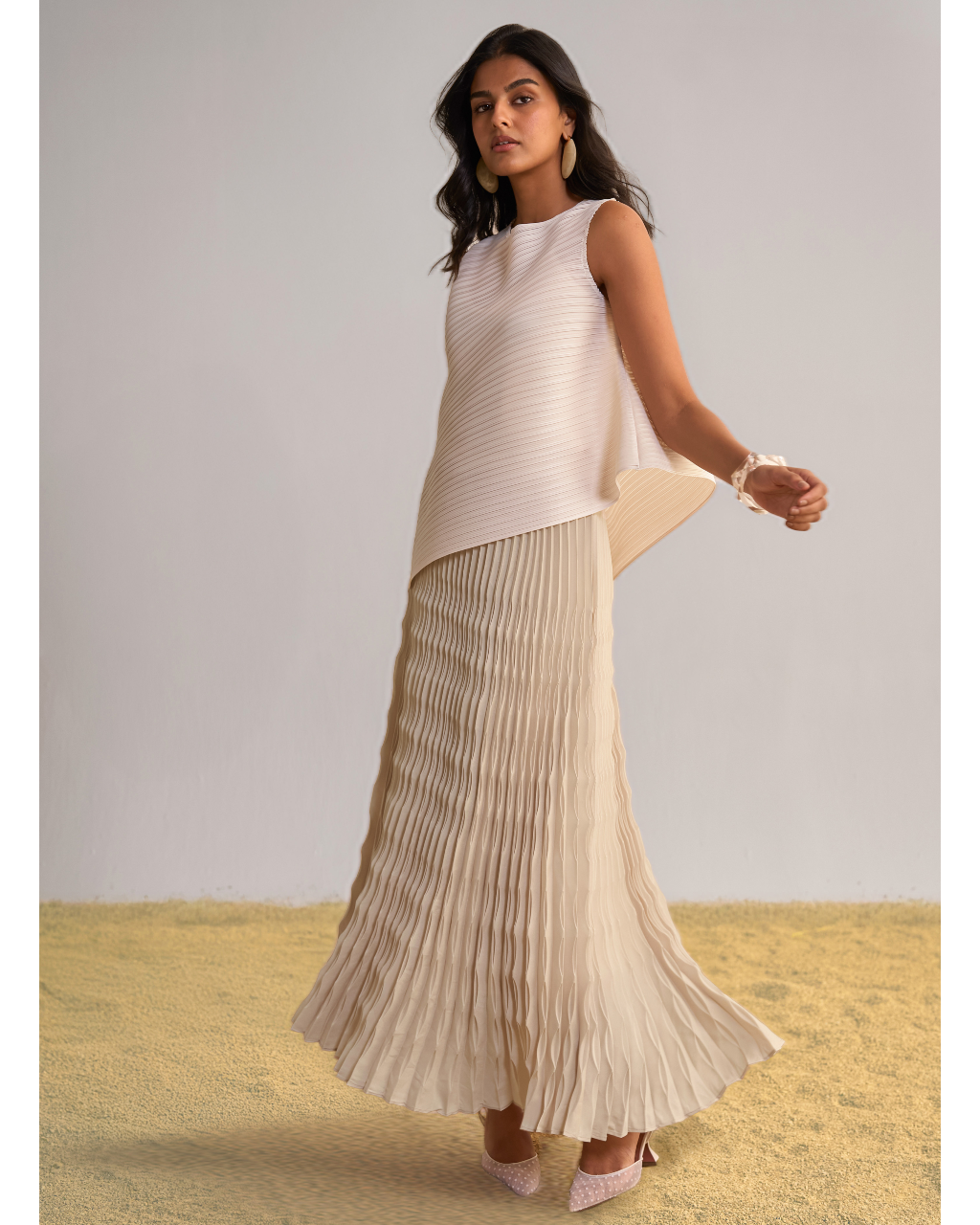 Asymmetric Pleated Top & Irregular Pleated Maxi Skirt