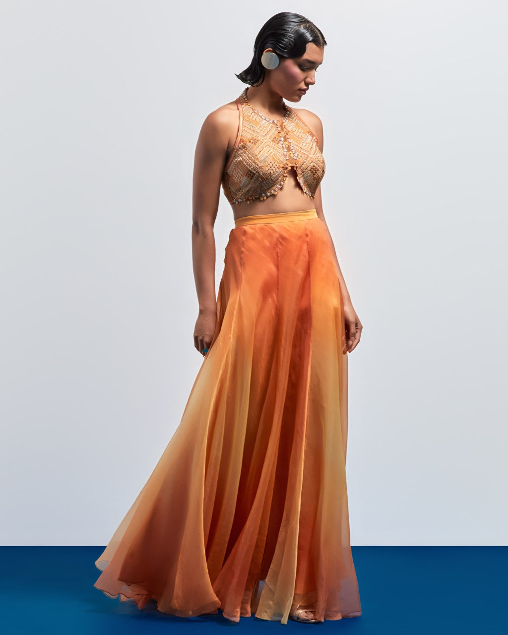 Yellow Orange Ombre Embroidered Skirt Set