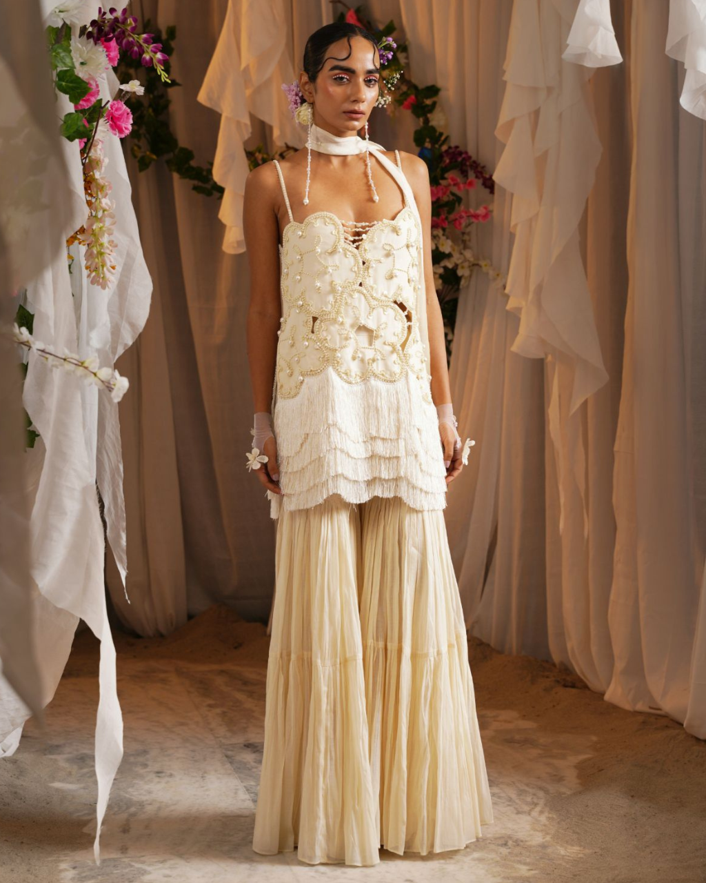 Foret Pearl Embroidered Tunic With Sharara And Style Dupatta