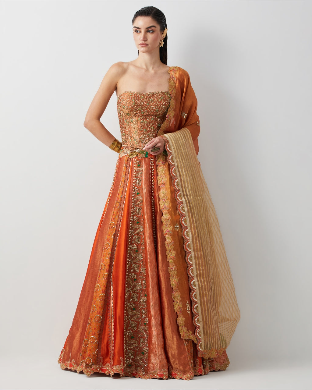 Roasted Carrot Hand Embroidered Lehenga Set With Organza Dupatta