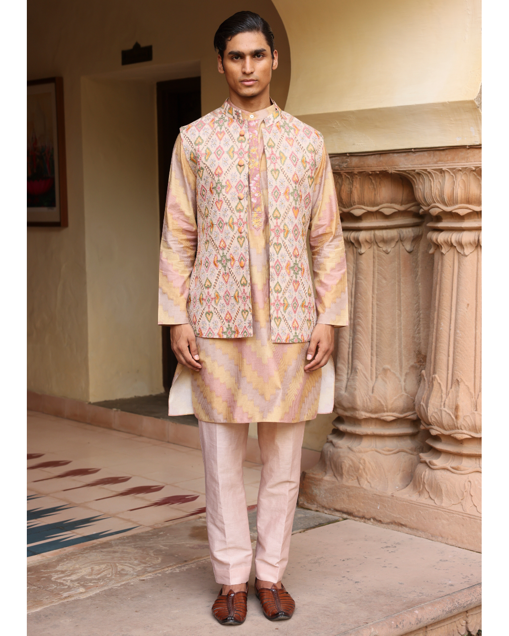 Pastel Embroidered Kurta Set With Jacket