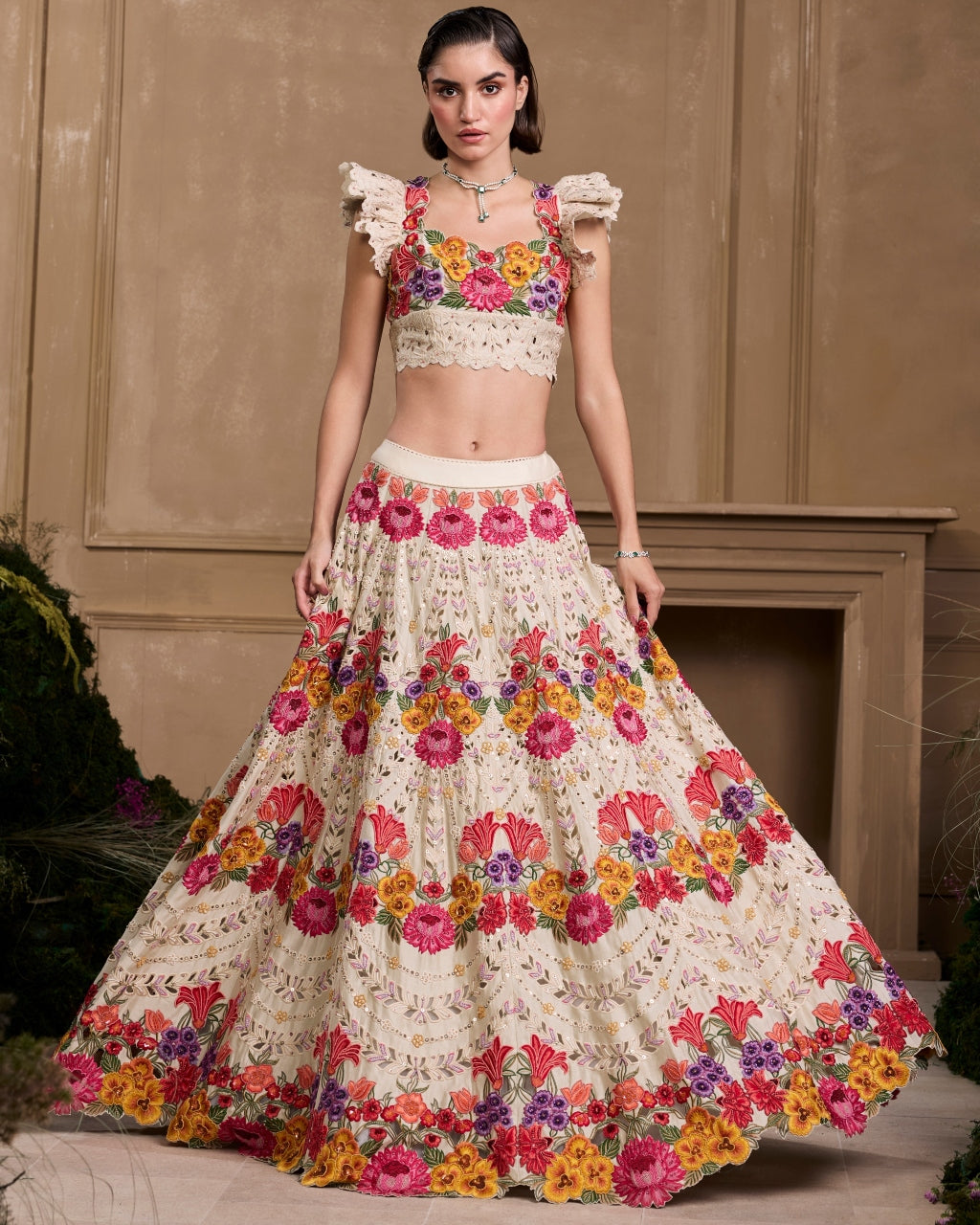 Ivory Multicoloured Floral Lehenga Set