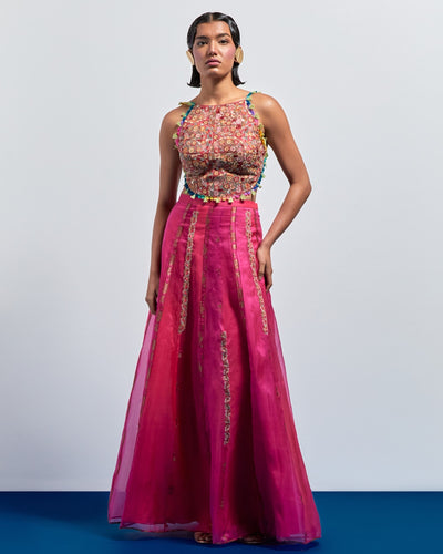Fuchsia Embroidered Corset Skirt Set